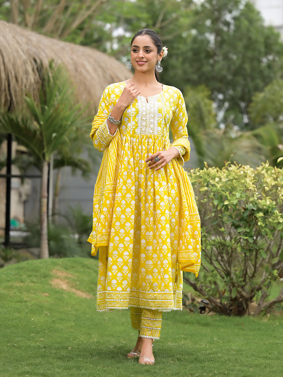 Yellow Floral Print Cotton Kurta Pants With Dupatta Set For Women | LASVINI - Redefining Indian Fashion with Elegance