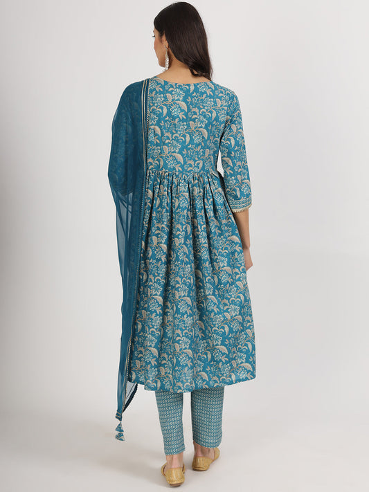 Teal Blue Floral Print Cotton Kurta Pants With Dupatta Set For Women | LASVINI - Redefining Indian Fashion with Elegance