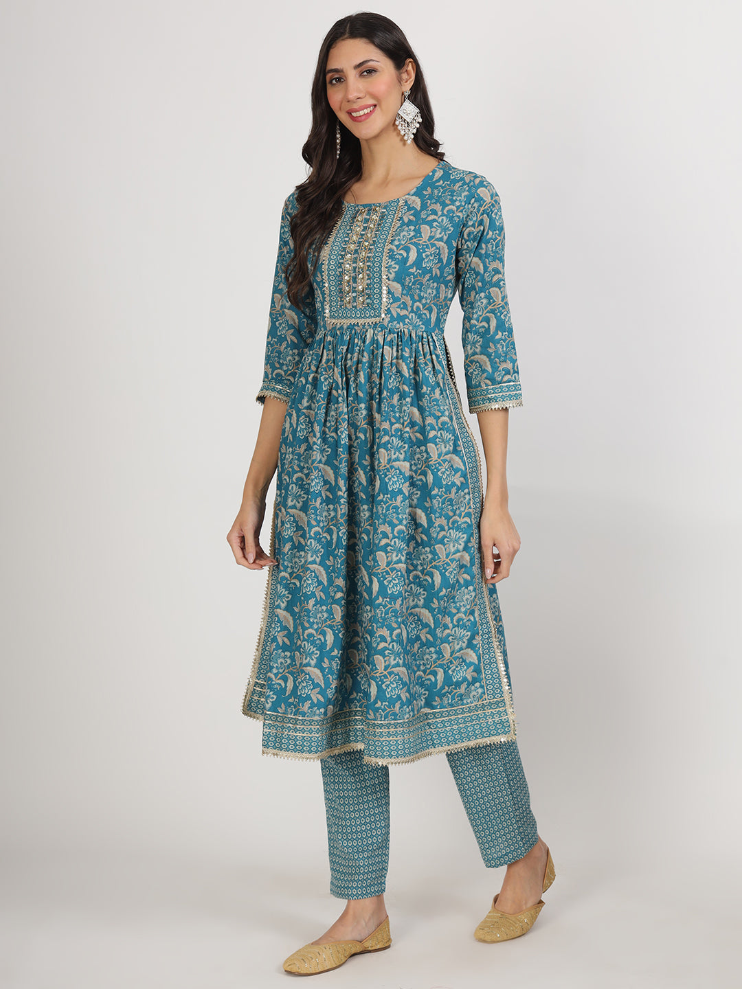 Teal Blue Floral Print Cotton Kurta Pants With Dupatta Set For Women | LASVINI - Redefining Indian Fashion with Elegance