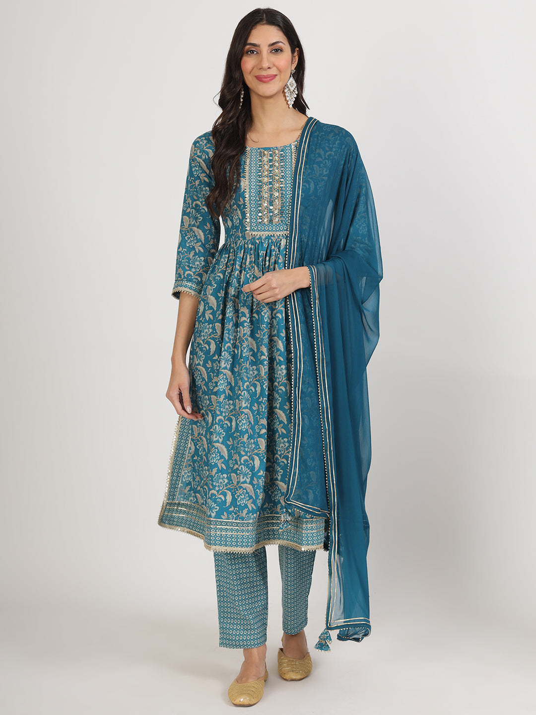 Teal Blue Floral Print Cotton Kurta Pants With Dupatta Set For Women | LASVINI - Redefining Indian Fashion with Elegance