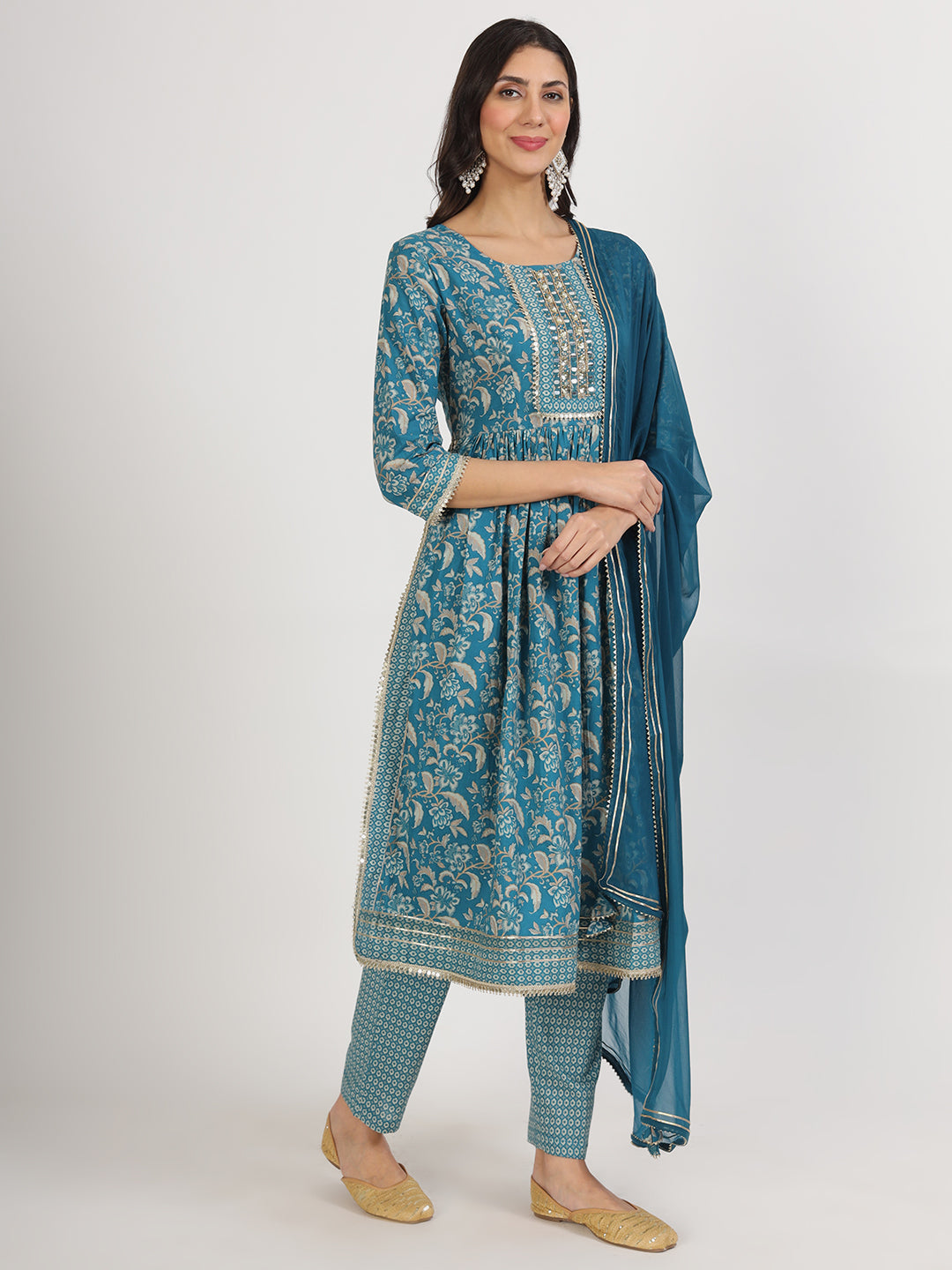 Teal Blue Floral Print Cotton Kurta Pants With Dupatta Set For Women | LASVINI - Redefining Indian Fashion with Elegance