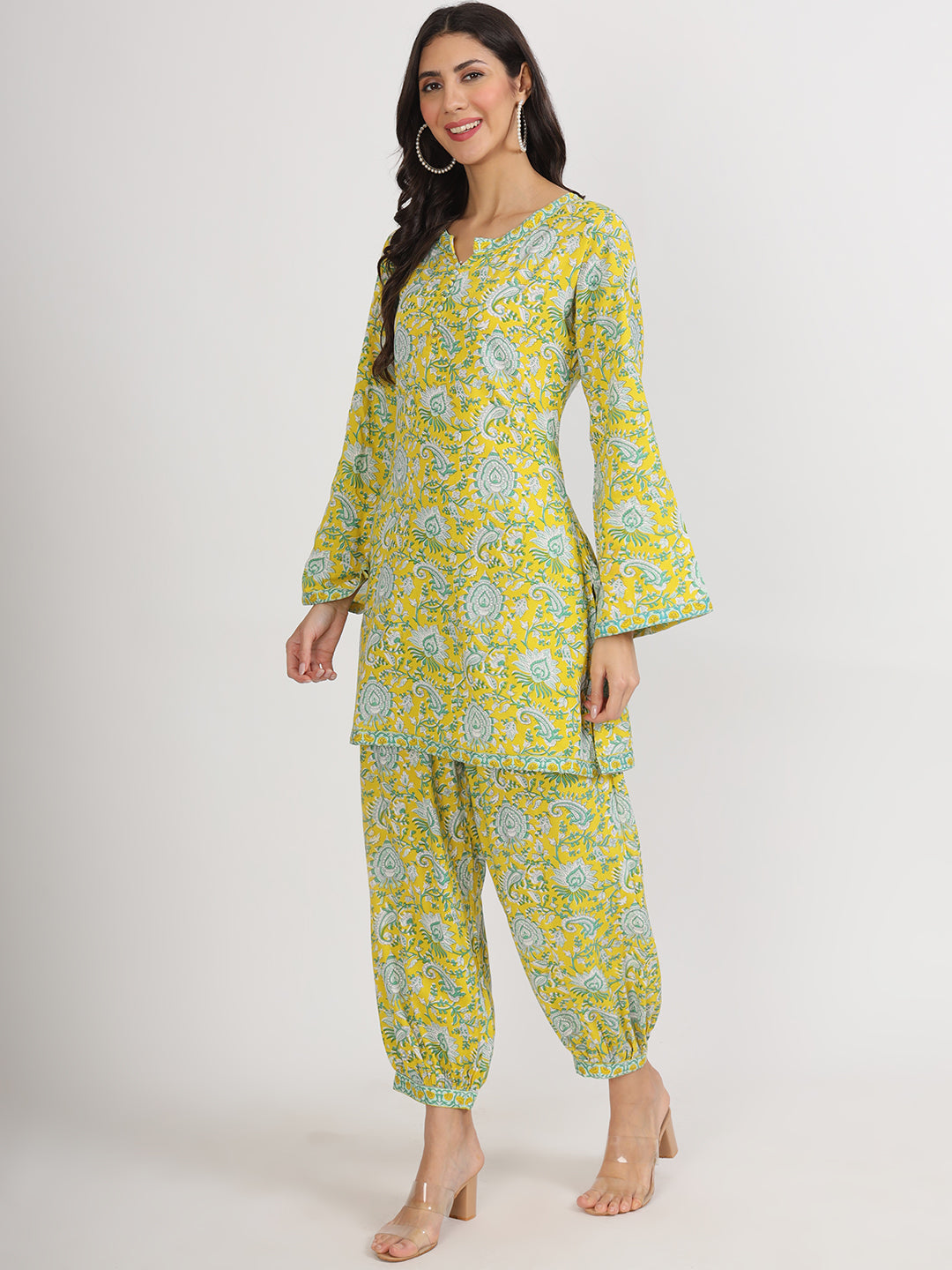 Mustard Floral Print Rayon Co-Ord Set For Women | LASVINI - Redefining Indian Fashion with Elegance