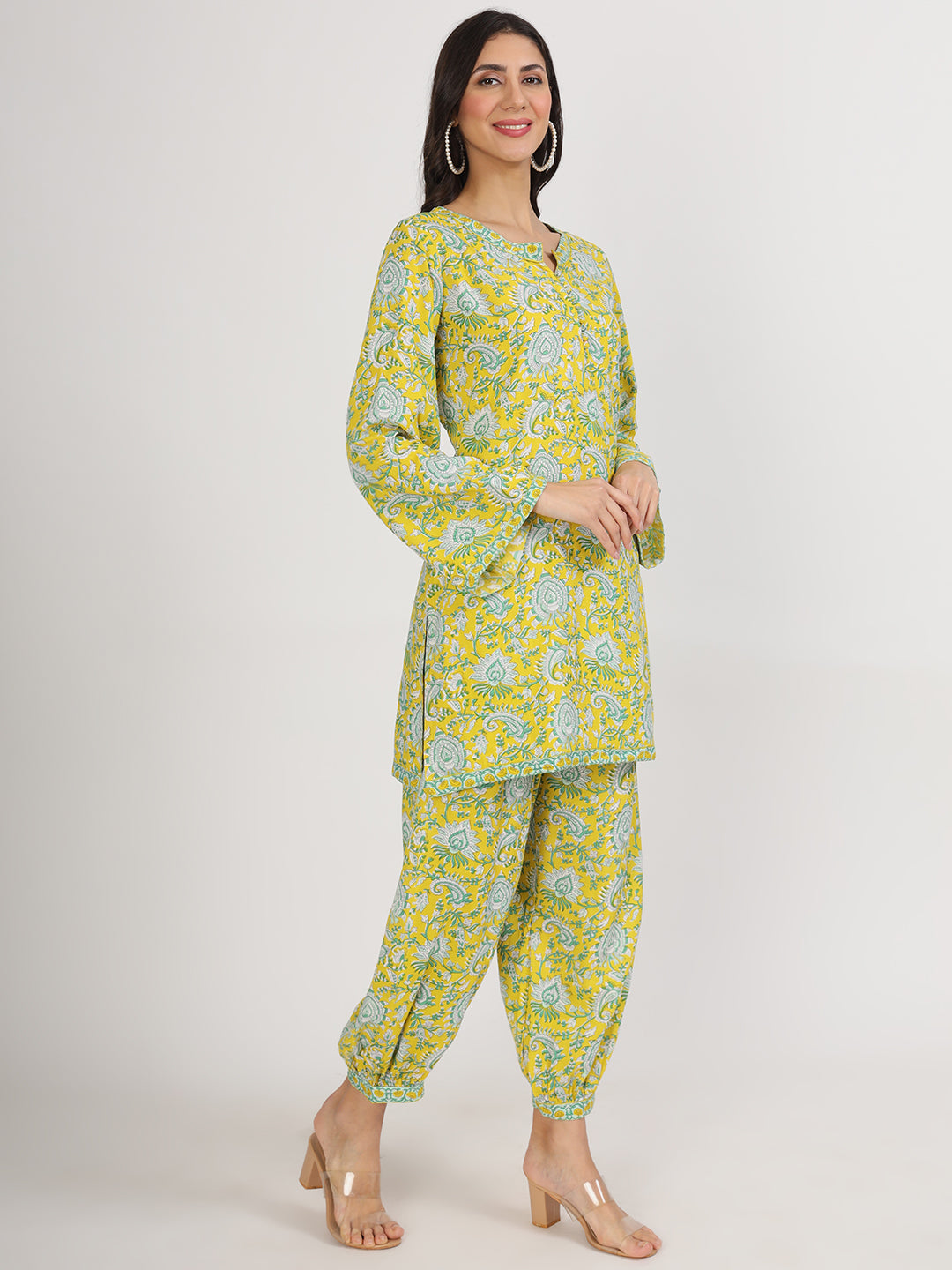 Mustard Floral Print Rayon Co-Ord Set For Women | LASVINI - Redefining Indian Fashion with Elegance