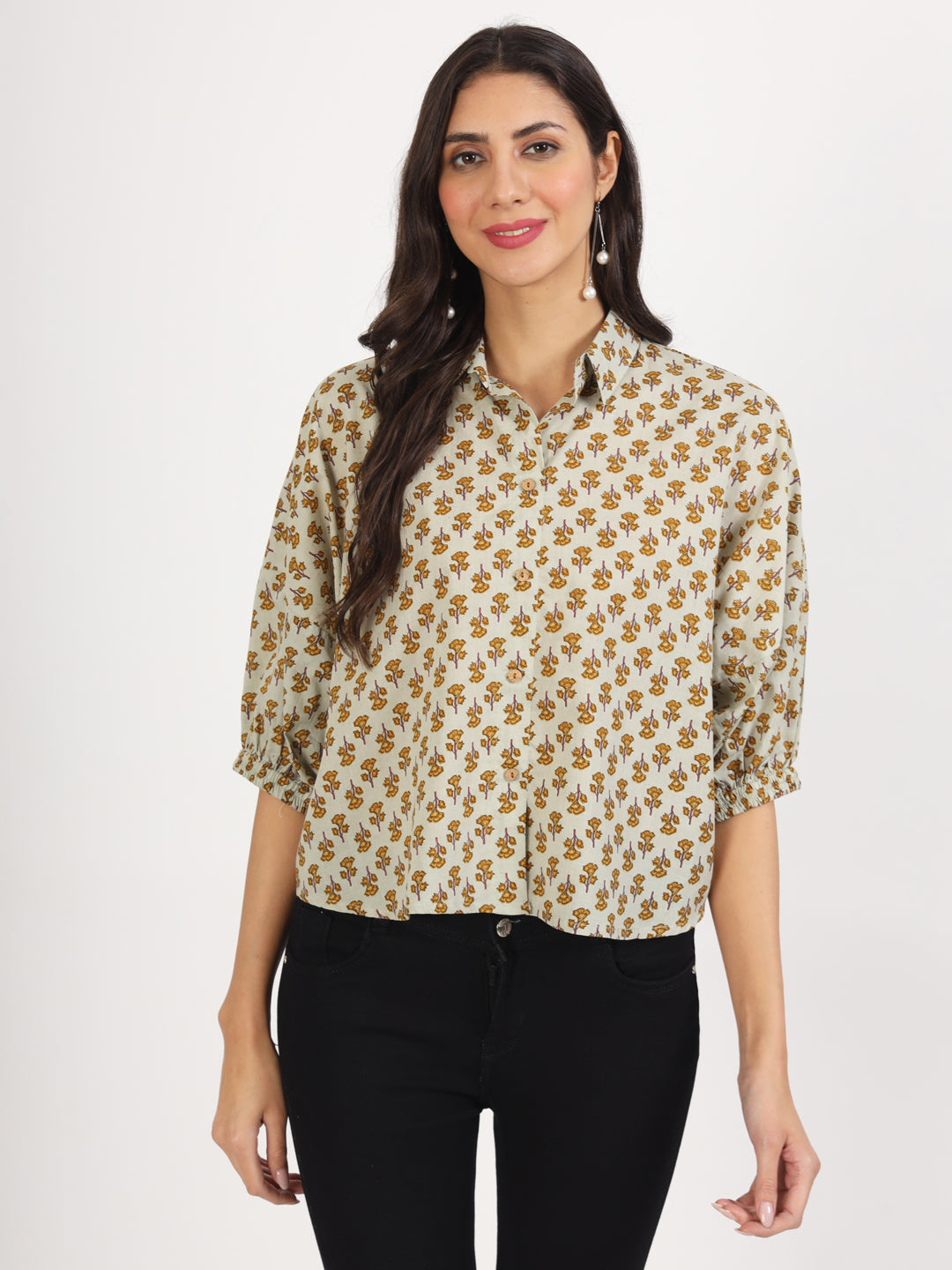 Women Green Floral Printed Cotton Tops | LASVINI - Redefining Indian Fashion with Elegance