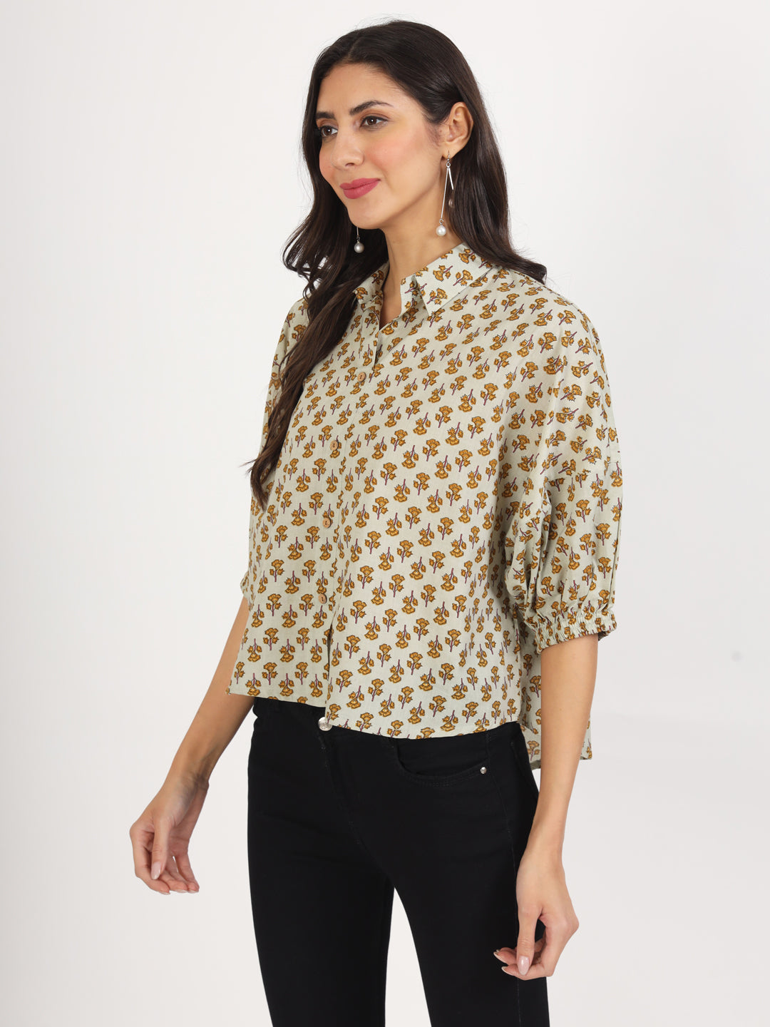 Women Green Floral Printed Cotton Tops | LASVINI - Redefining Indian Fashion with Elegance