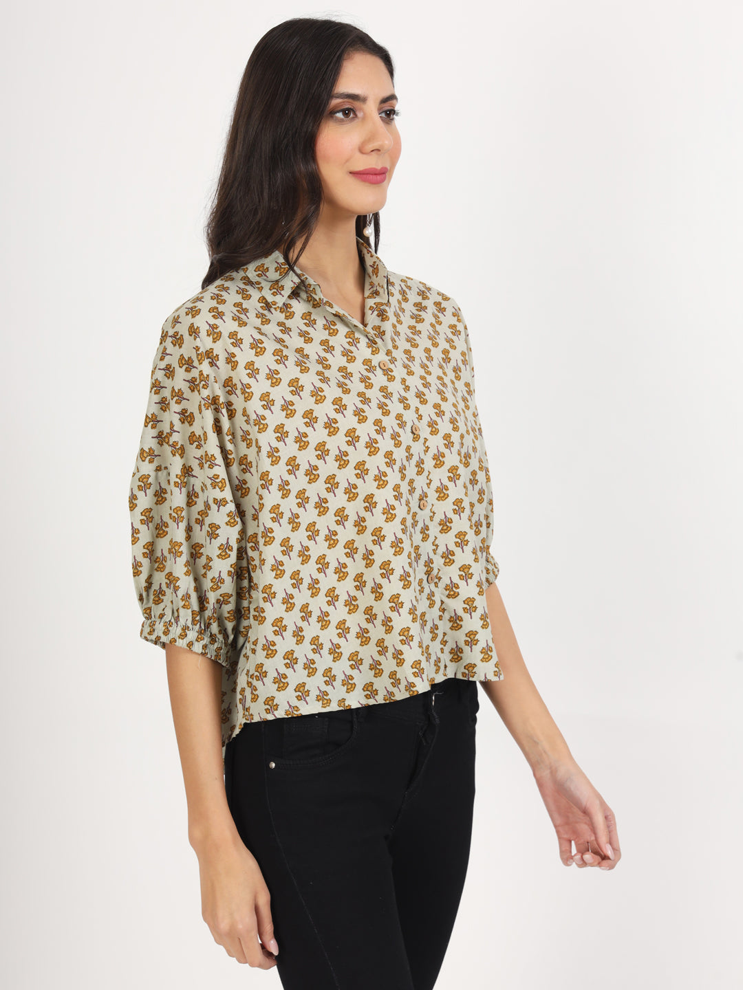 Women Green Floral Printed Cotton Tops | LASVINI - Redefining Indian Fashion with Elegance