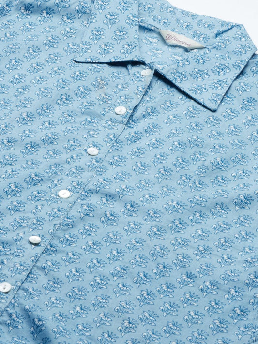 Sky Blue Block Printed Casual Women Shirts | LASVINI - Redefining Indian Fashion with Elegance