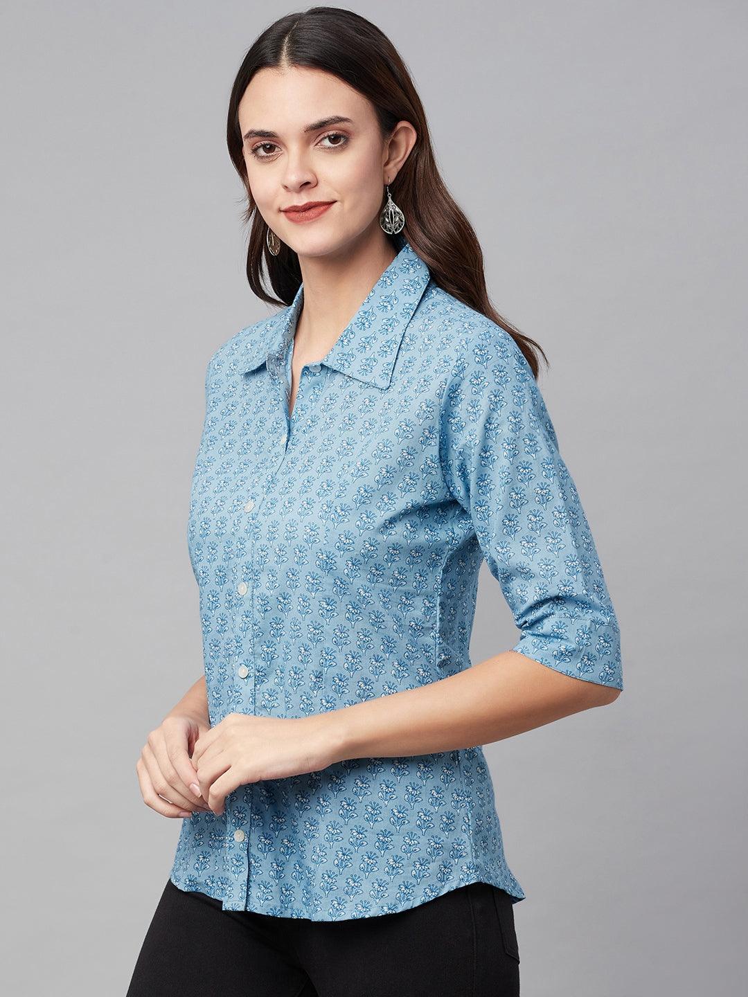 Sky Blue Block Printed Casual Women Shirts | LASVINI - Redefining Indian Fashion with Elegance