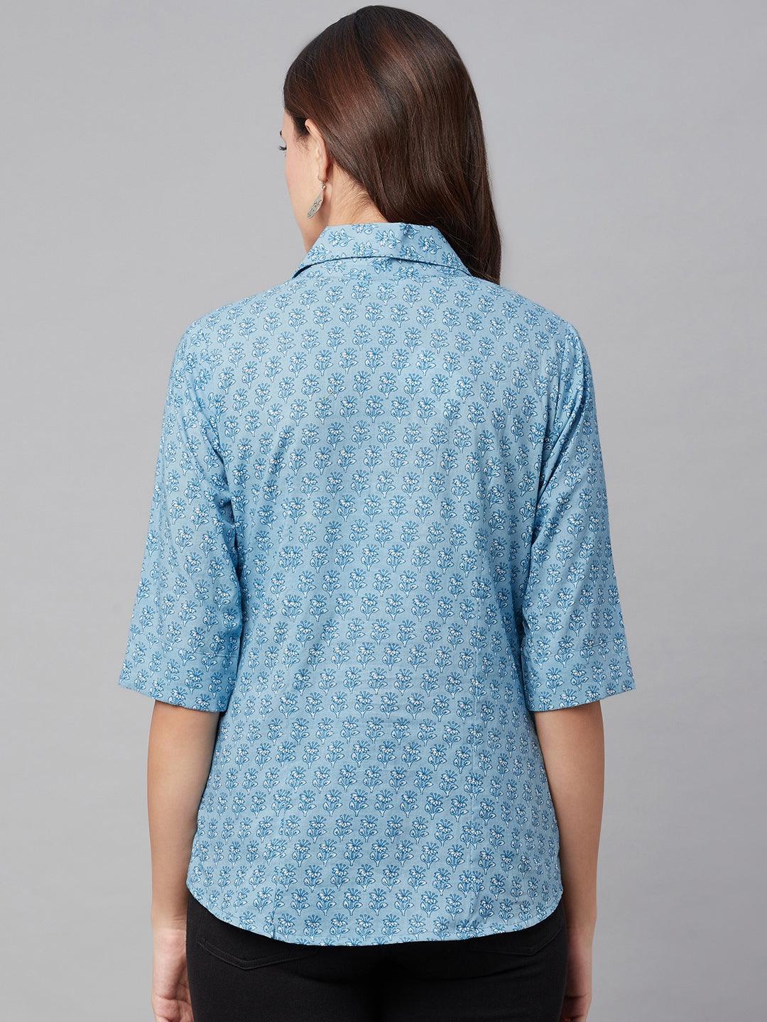 Sky Blue Block Printed Casual Women Shirts | LASVINI - Redefining Indian Fashion with Elegance