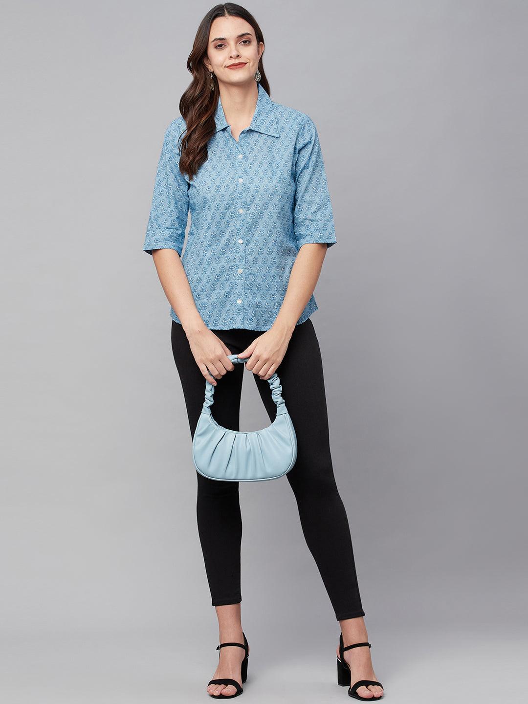 Sky Blue Block Printed Casual Women Shirts | LASVINI - Redefining Indian Fashion with Elegance
