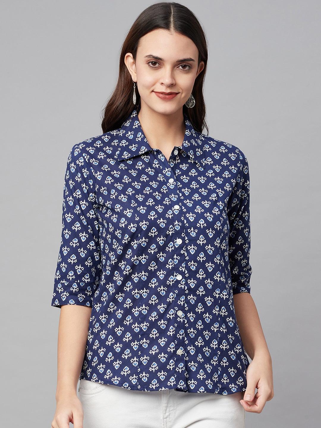 Indigo Block Printed Casual Women Shirts | LASVINI - Redefining Indian Fashion with Elegance