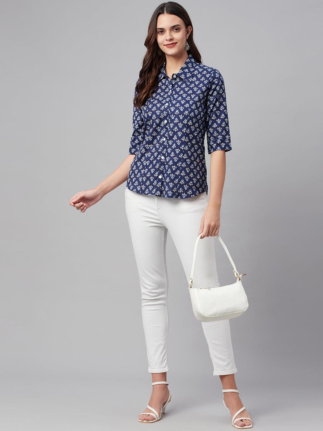 Indigo Block Printed Casual Women Shirts | LASVINI - Redefining Indian Fashion with Elegance