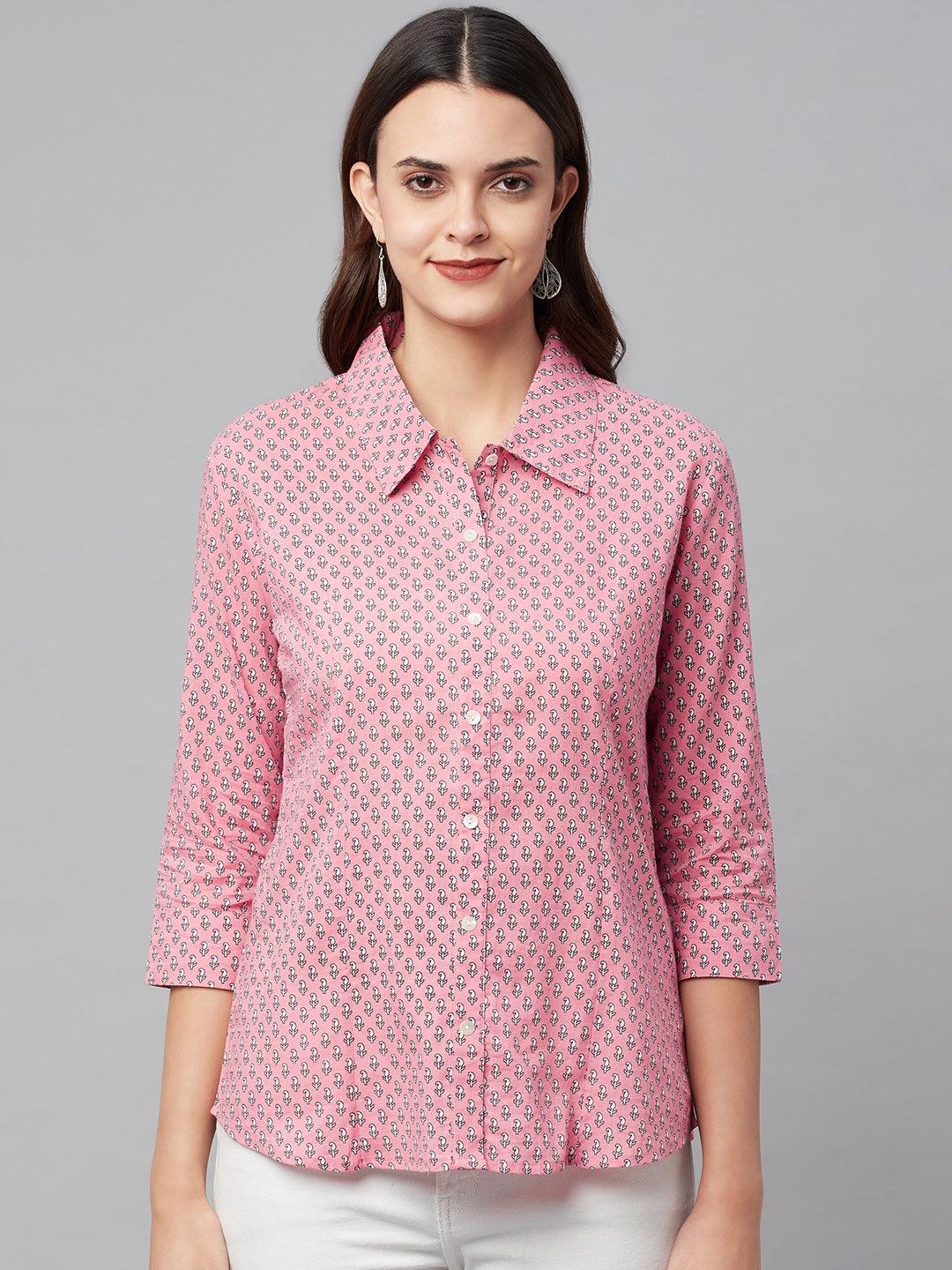 Baby Pink Block Printed Casual Women Shirts | LASVINI - Redefining Indian Fashion with Elegance