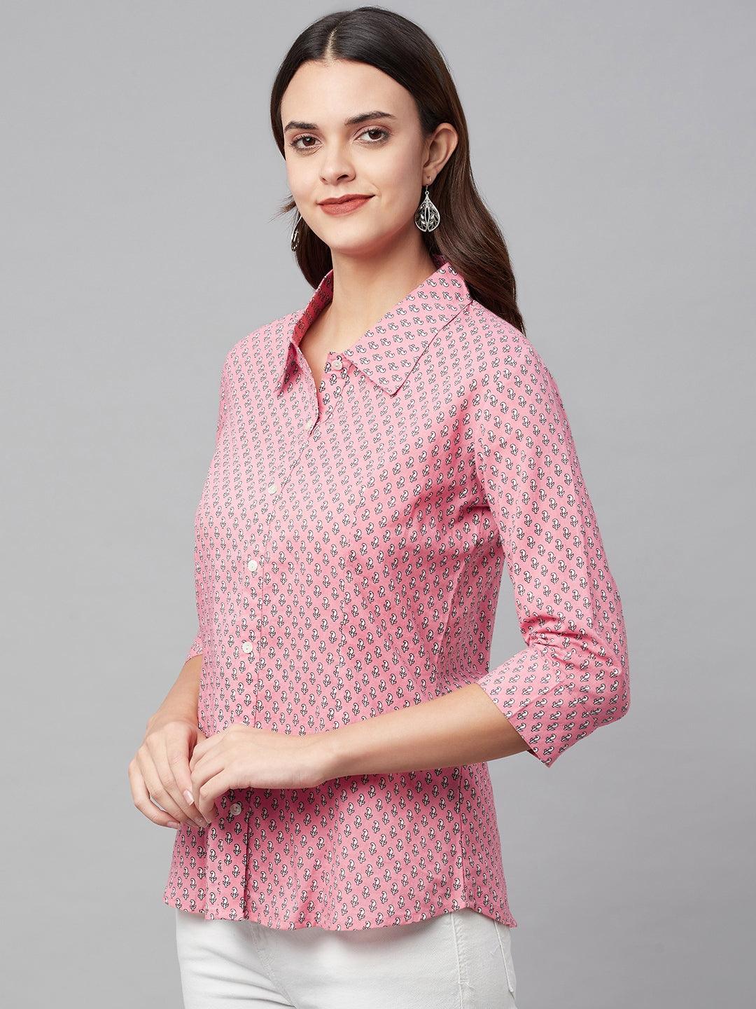 Baby Pink Block Printed Casual Women Shirts | LASVINI - Redefining Indian Fashion with Elegance