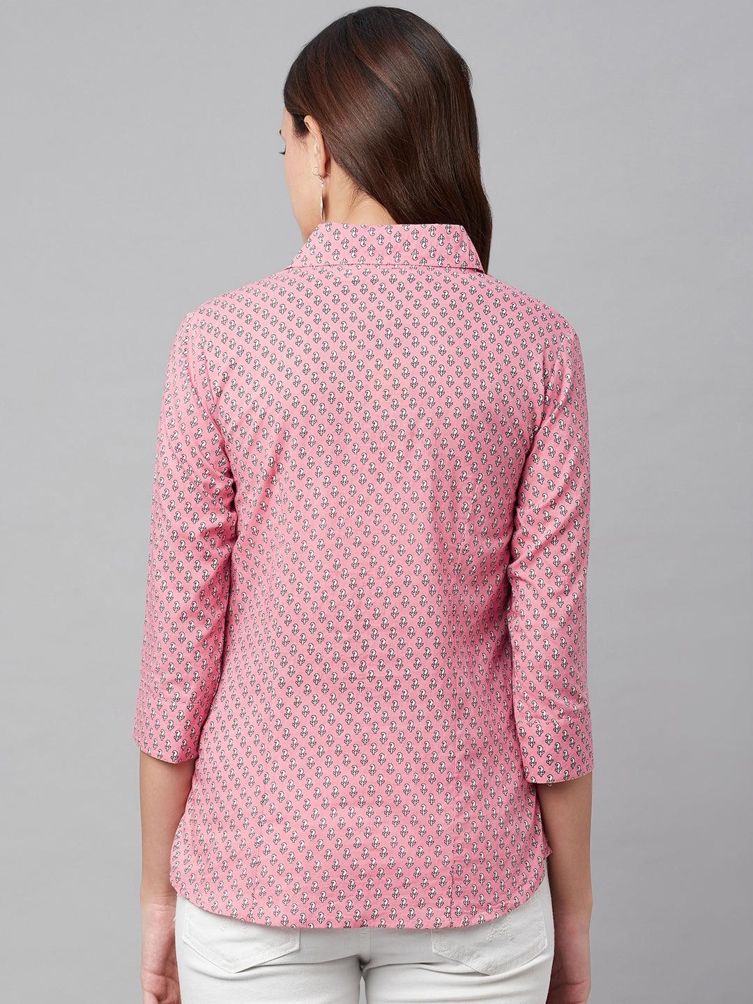 Baby Pink Block Printed Casual Women Shirts | LASVINI - Redefining Indian Fashion with Elegance