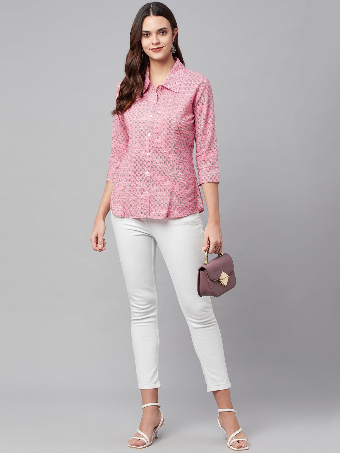 Baby Pink Block Printed Casual Women Shirts | LASVINI - Redefining Indian Fashion with Elegance