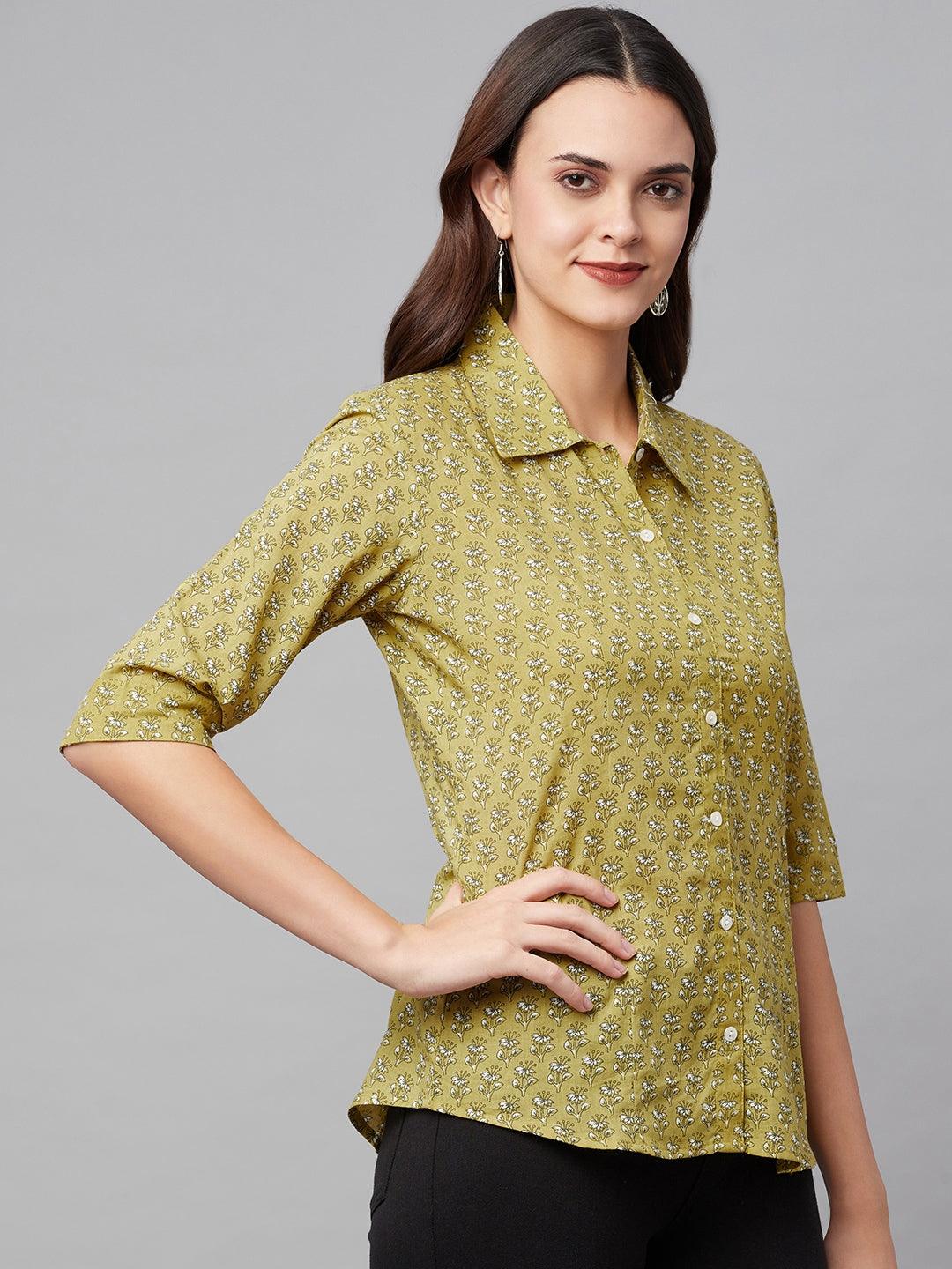 Mehndi Green Block Printed Casual Women Shirts | LASVINI - Redefining Indian Fashion with Elegance
