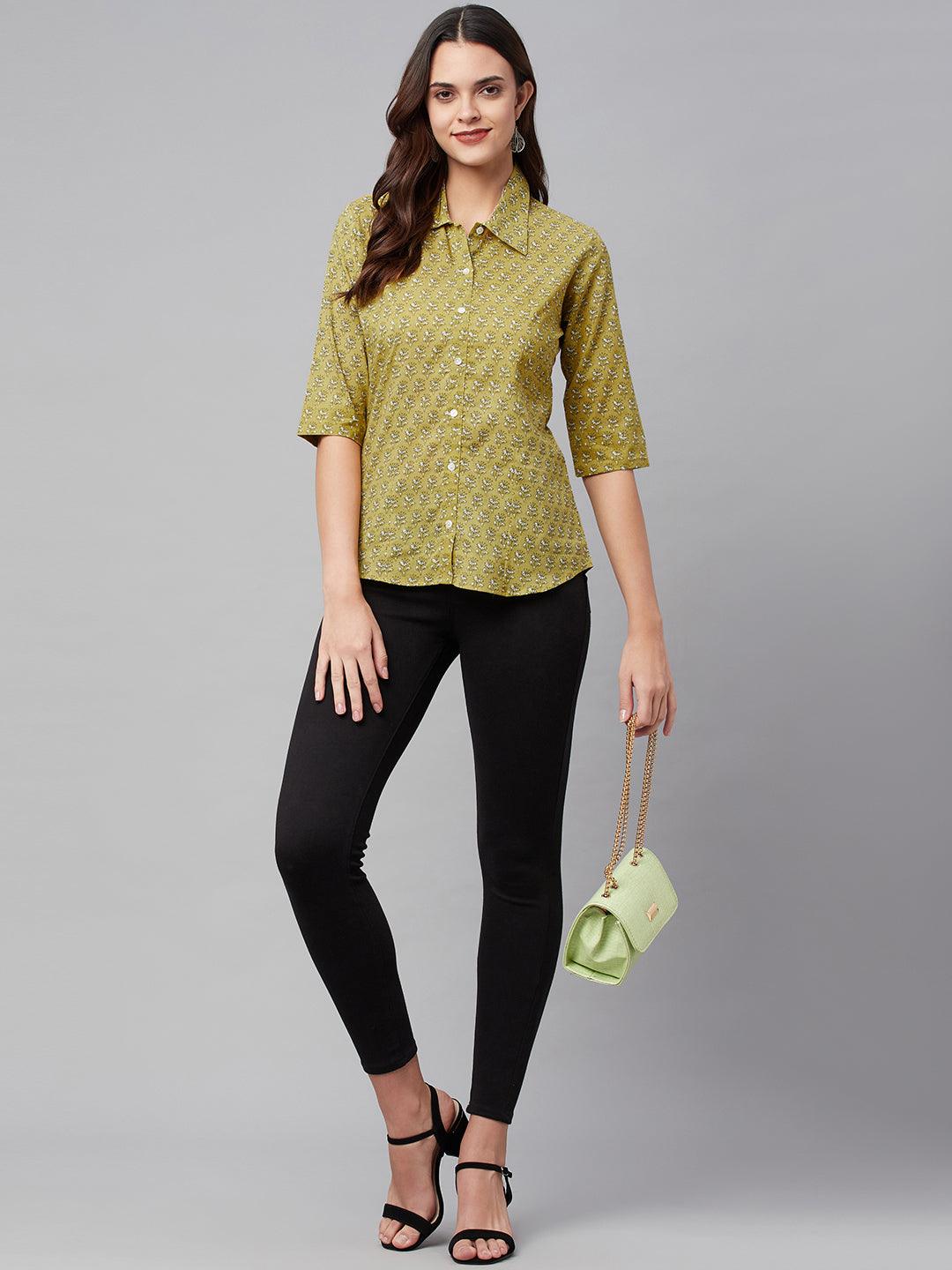 Mehndi Green Block Printed Casual Women Shirts | LASVINI - Redefining Indian Fashion with Elegance