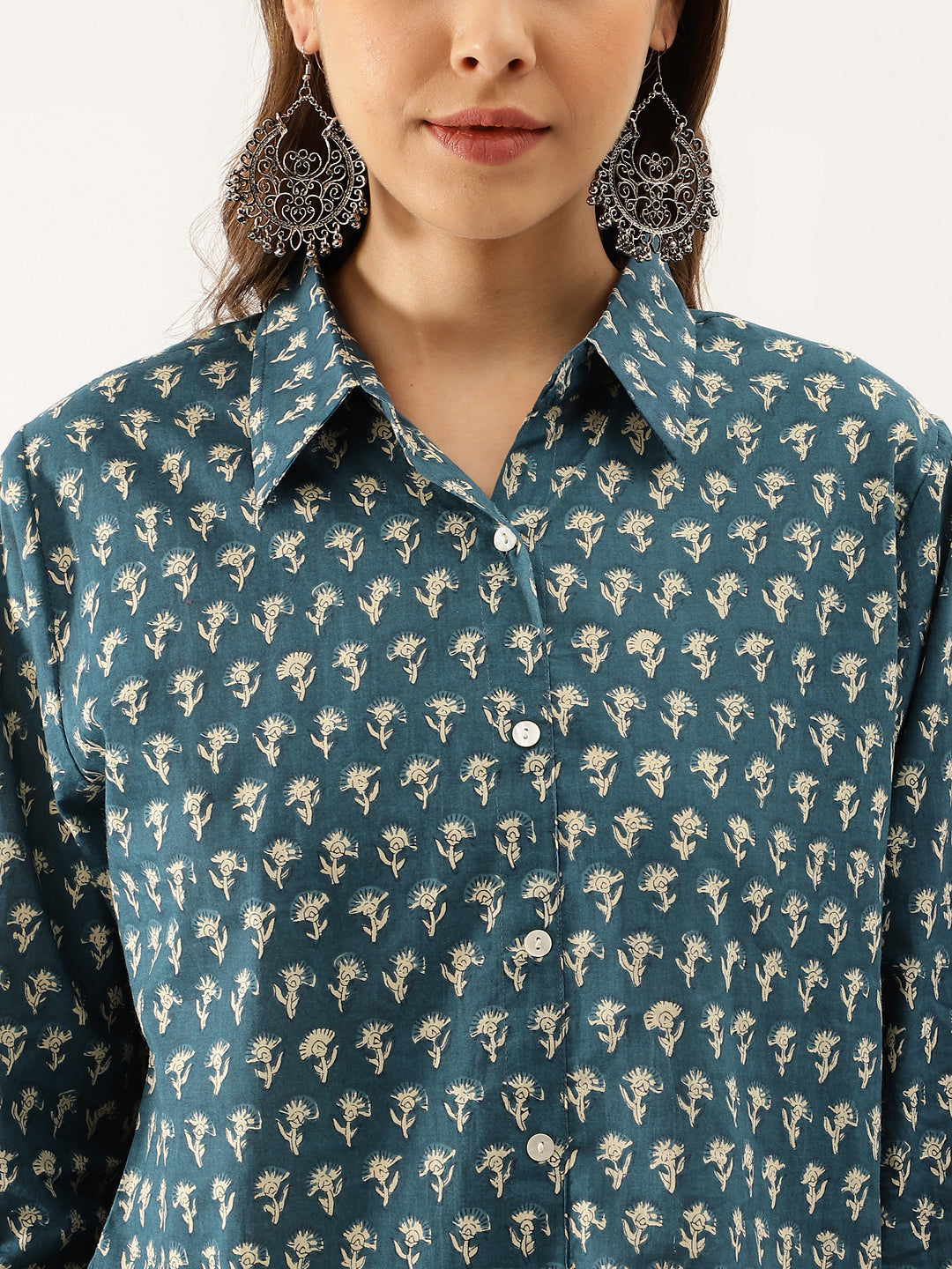 Turquoise Blue Ethnic Motif Printed Casual Women Shirts | LASVINI - Redefining Indian Fashion with Elegance
