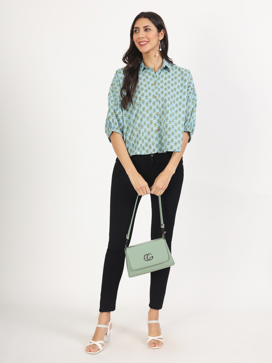 Women Sky Blue Floral Printed Cotton Tops | LASVINI - Redefining Indian Fashion with Elegance