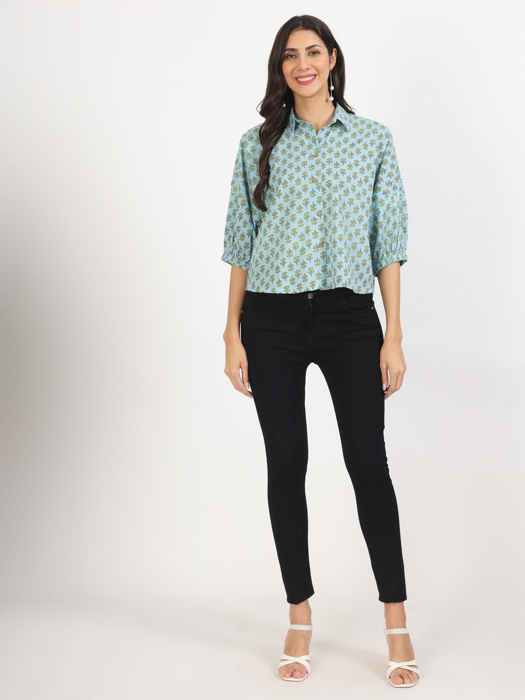 Women Sky Blue Floral Printed Cotton Tops | LASVINI - Redefining Indian Fashion with Elegance
