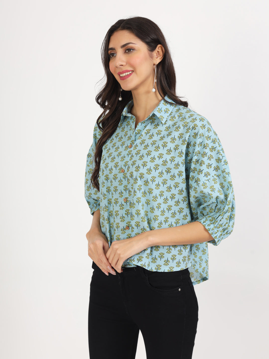 Women Sky Blue Floral Printed Cotton Tops | LASVINI - Redefining Indian Fashion with Elegance