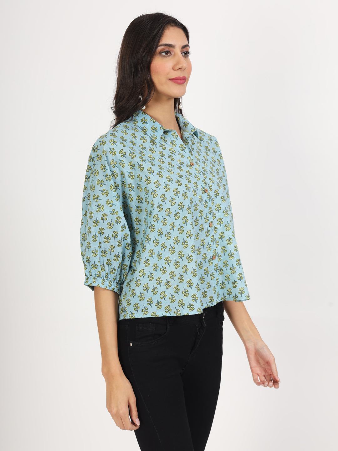 Women Sky Blue Floral Printed Cotton Tops | LASVINI - Redefining Indian Fashion with Elegance