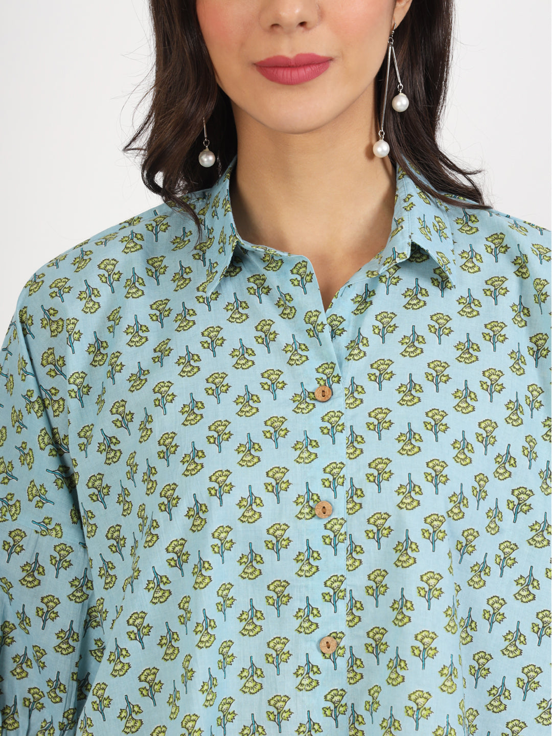 Women Sky Blue Floral Printed Cotton Tops | LASVINI - Redefining Indian Fashion with Elegance