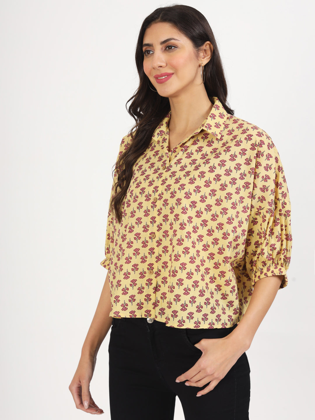 Women Beige Floral Printed Cotton Tops | LASVINI - Redefining Indian Fashion with Elegance