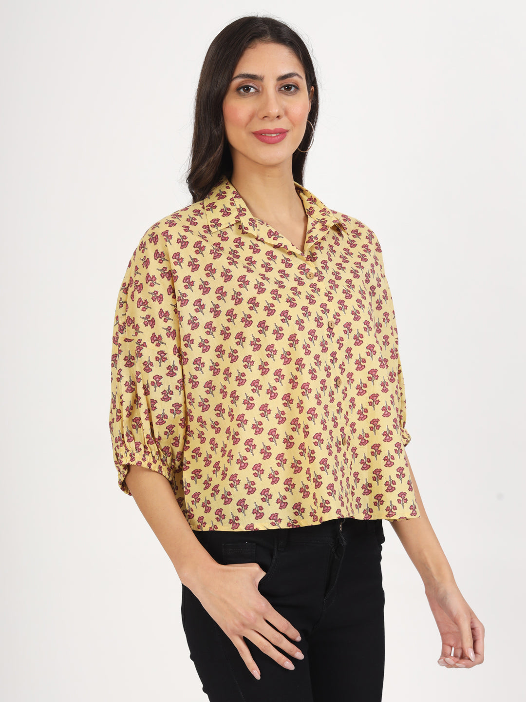 Women Beige Floral Printed Cotton Tops | LASVINI - Redefining Indian Fashion with Elegance