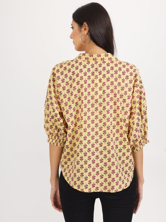 Women Beige Floral Printed Cotton Tops | LASVINI - Redefining Indian Fashion with Elegance