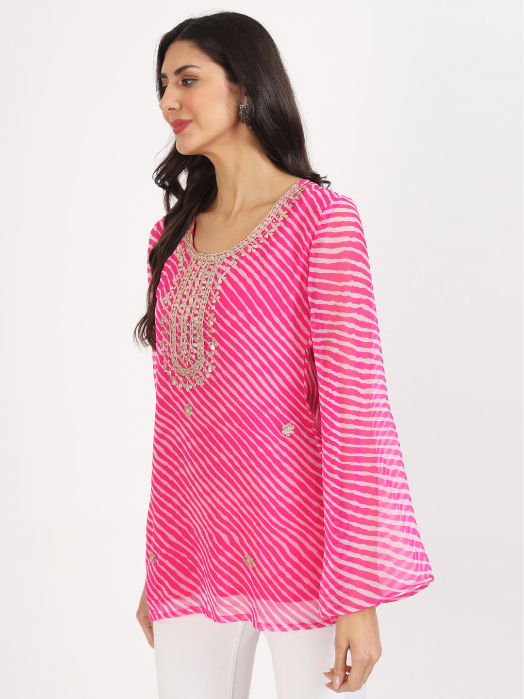 Women Pink Leheriya Print Georgette Kurti | LASVINI - Redefining Indian Fashion with Elegance