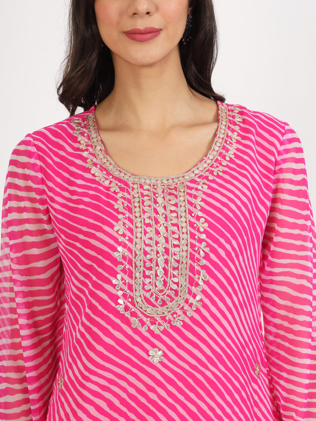 Women Pink Leheriya Print Georgette Kurti | LASVINI - Redefining Indian Fashion with Elegance
