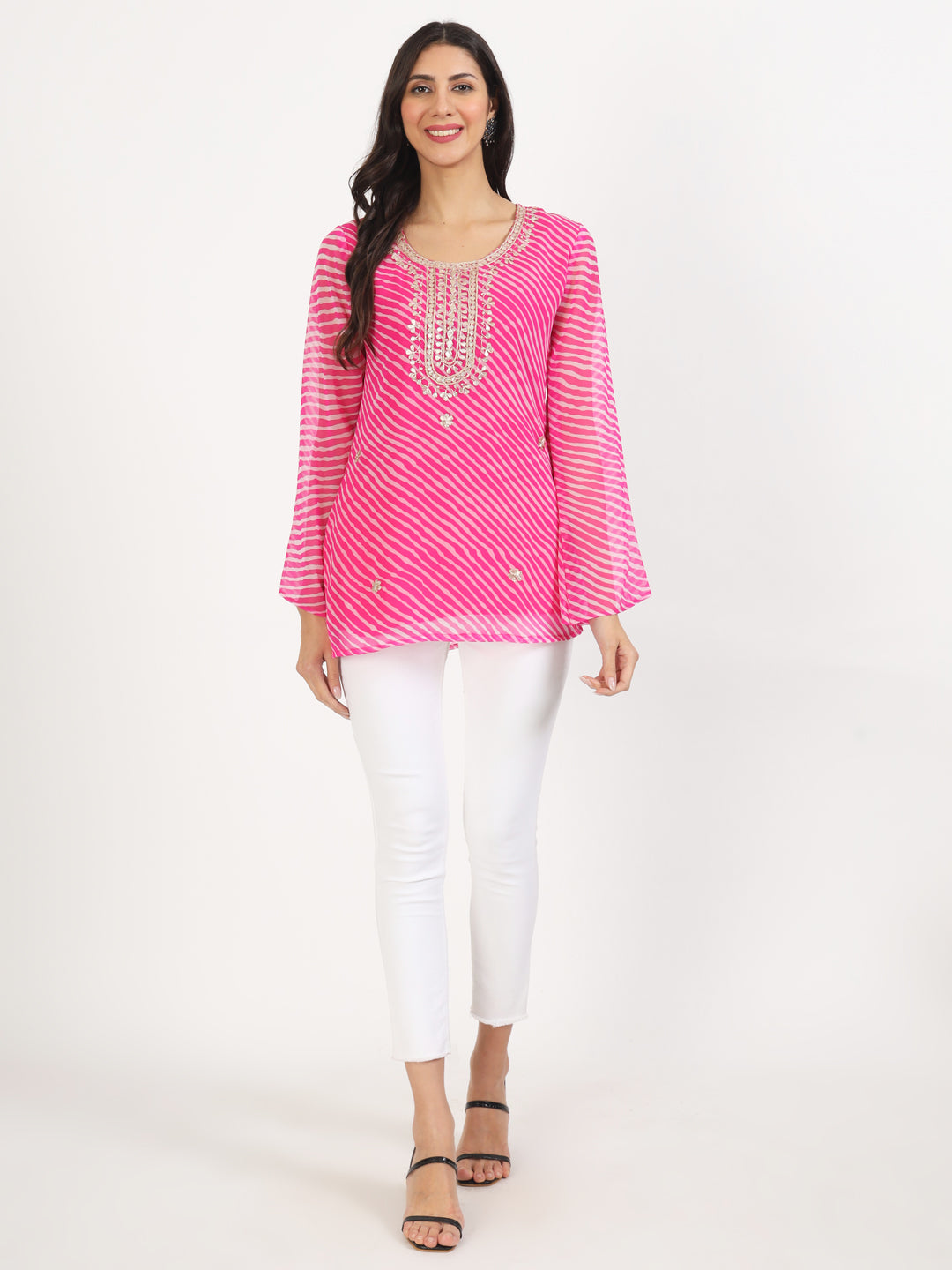 Women Pink Leheriya Print Georgette Kurti | LASVINI - Redefining Indian Fashion with Elegance