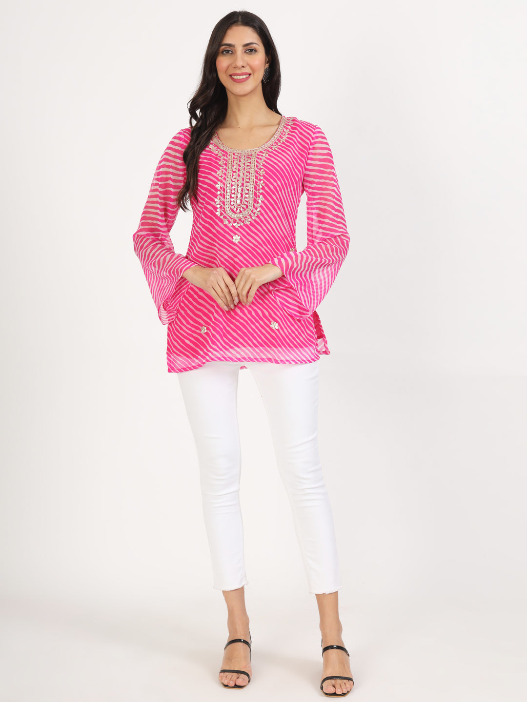 Women Pink Leheriya Print Georgette Kurti | LASVINI - Redefining Indian Fashion with Elegance