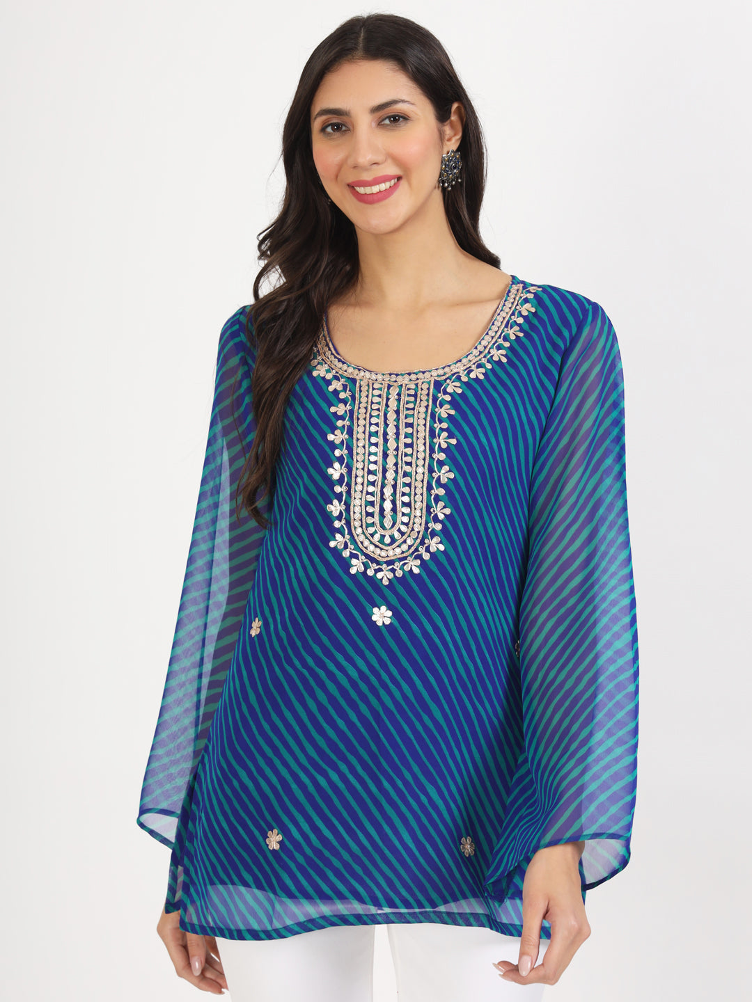 Women Blue Leheriya Print Georgette Kurti | LASVINI - Redefining Indian Fashion with Elegance