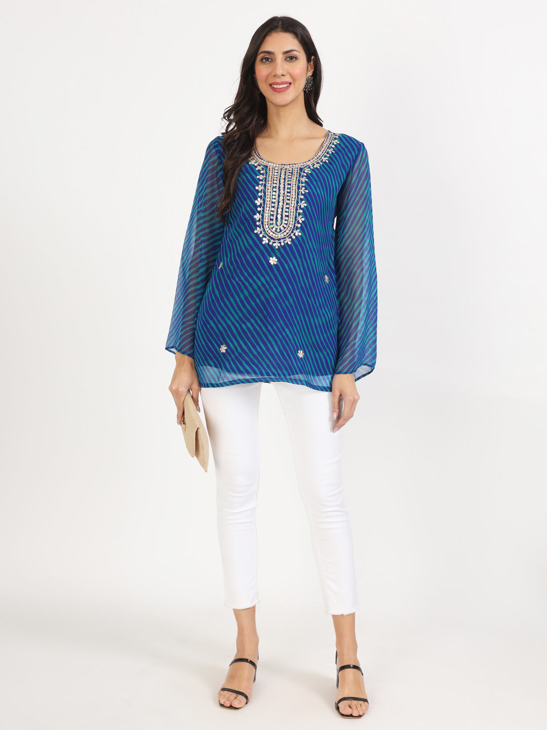 Women Blue Leheriya Print Georgette Kurti | LASVINI - Redefining Indian Fashion with Elegance