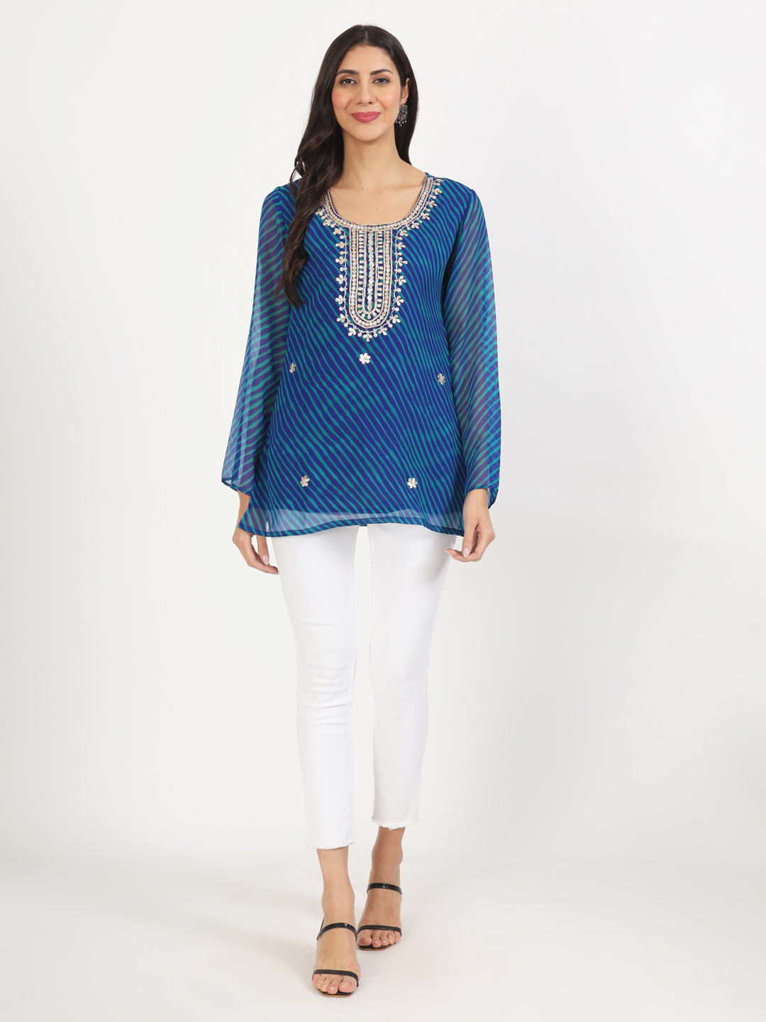 Women Blue Leheriya Print Georgette Kurti | LASVINI - Redefining Indian Fashion with Elegance