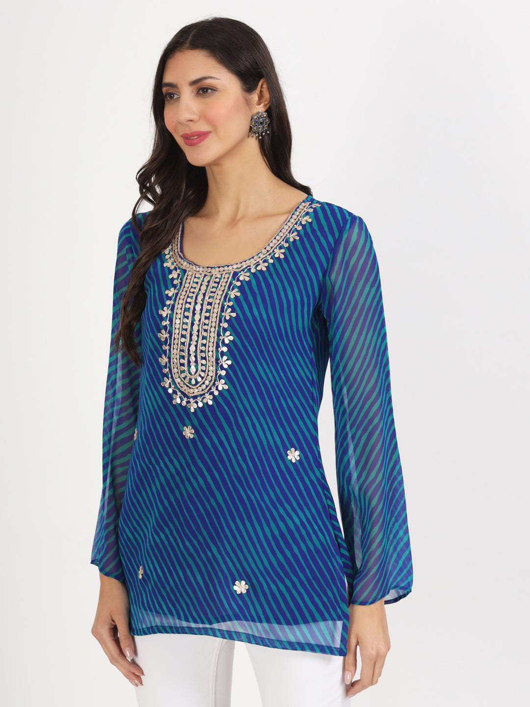 Women Blue Leheriya Print Georgette Kurti | LASVINI - Redefining Indian Fashion with Elegance