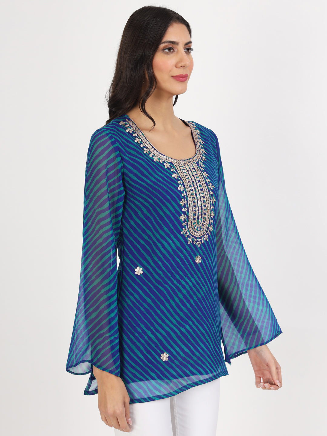 Women Blue Leheriya Print Georgette Kurti | LASVINI - Redefining Indian Fashion with Elegance