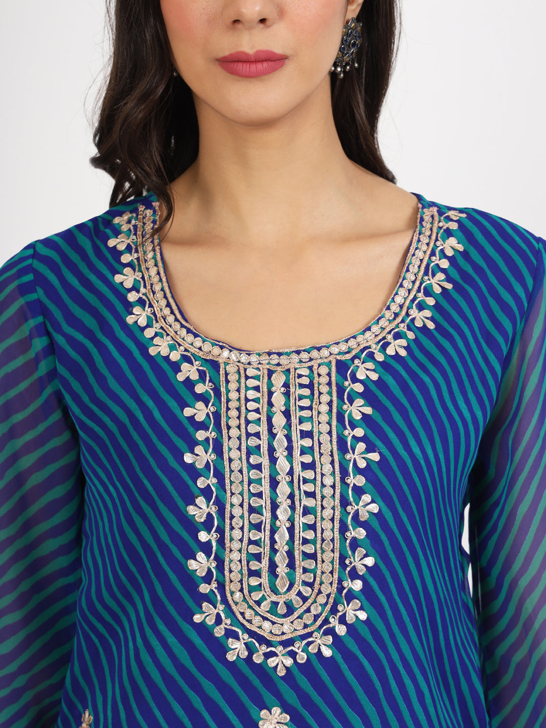 Women Blue Leheriya Print Georgette Kurti | LASVINI - Redefining Indian Fashion with Elegance