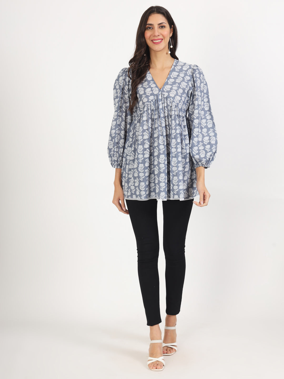 Women Grey Floral Printed Cotton Top | LASVINI - Redefining Indian Fashion with Elegance
