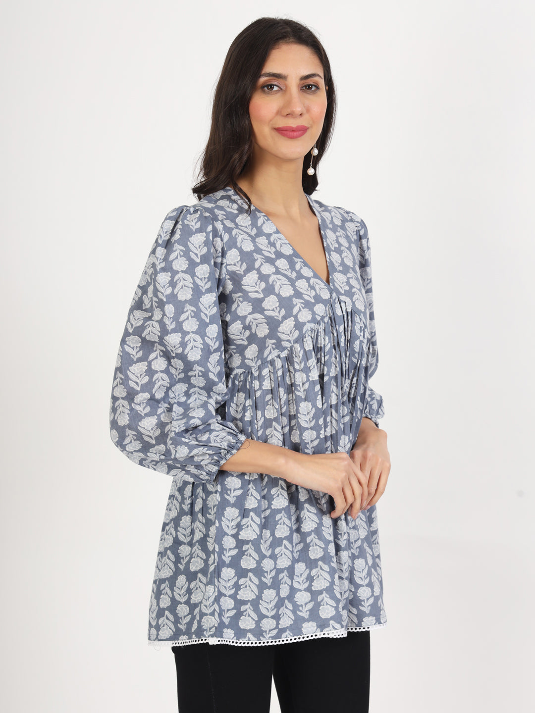 Women Grey Floral Printed Cotton Top | LASVINI - Redefining Indian Fashion with Elegance