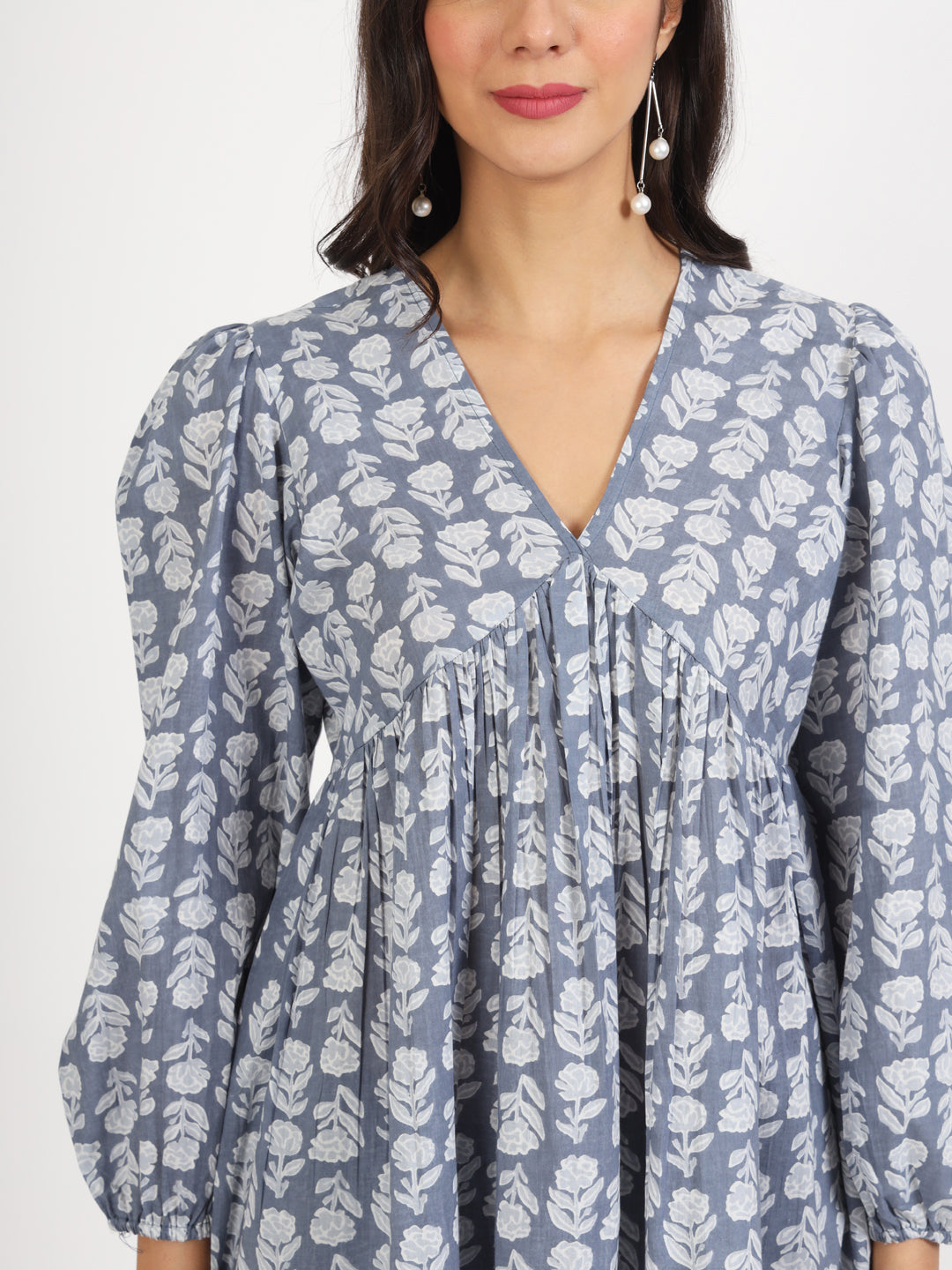 Women Grey Floral Printed Cotton Top | LASVINI - Redefining Indian Fashion with Elegance