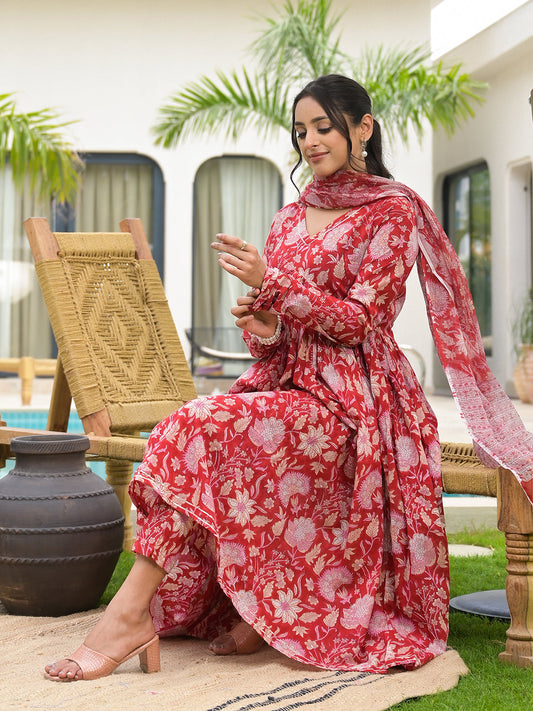 Floral Printed Red Cotton Alia Cut Kurta Set For Women | LASVINI - Redefining Indian Fashion with Elegance