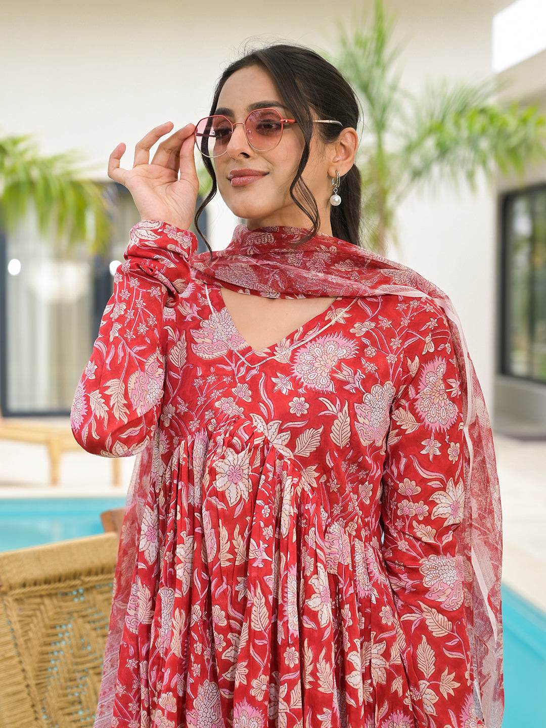 Floral Printed Red Cotton Alia Cut Kurta Set For Women | LASVINI - Redefining Indian Fashion with Elegance