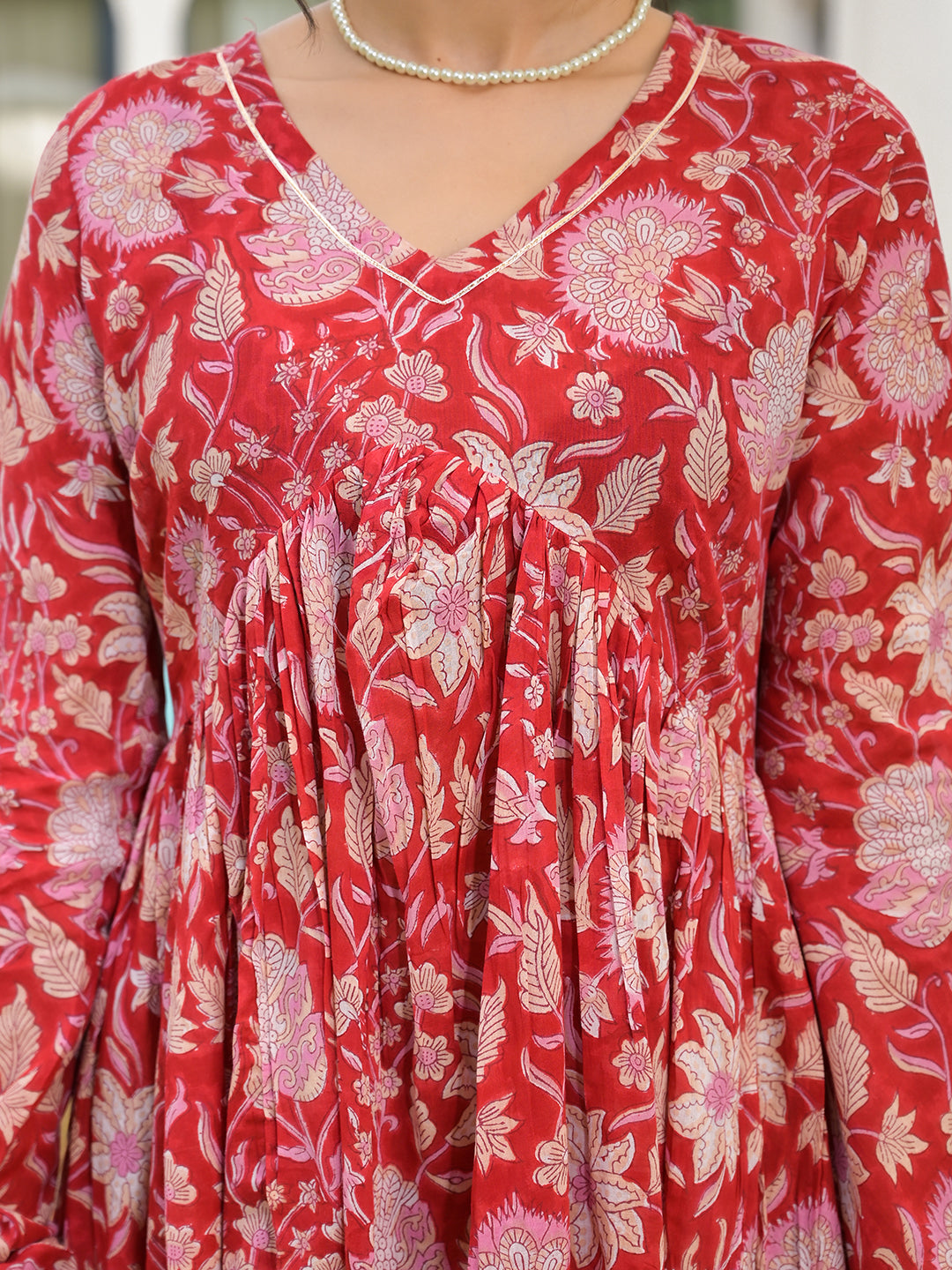 Floral Printed Red Cotton Alia Cut Kurta Set For Women | LASVINI - Redefining Indian Fashion with Elegance