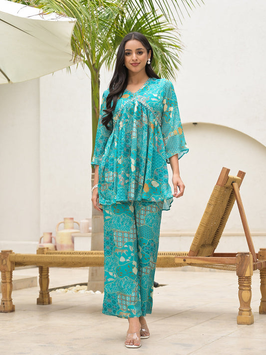 Turquoise Digital Print Muslin Co-Ord Set | LASVINI - Redefining Indian Fashion with Elegance