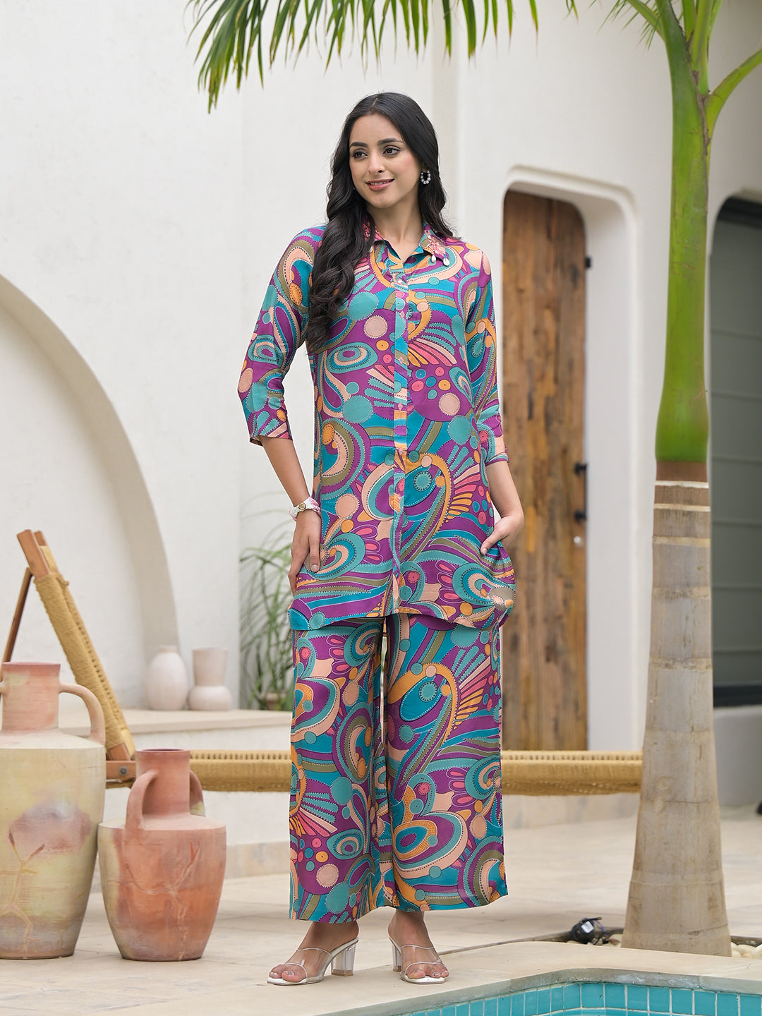 Purple Multi Digital Print Muslin Co-Ord Set For Women | LASVINI - Redefining Indian Fashion with Elegance