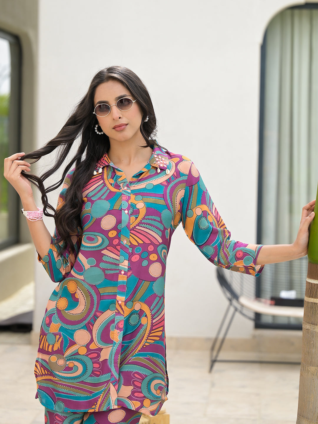 Purple Multi Digital Print Muslin Co-Ord Set For Women | LASVINI - Redefining Indian Fashion with Elegance